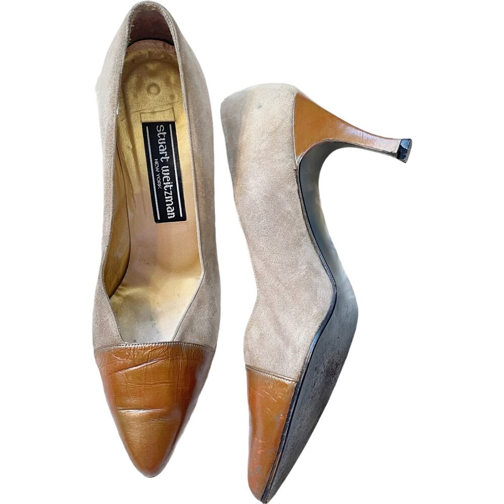 Stuart Weitzman Vintage Tan Suede Cap Toe Heels Pumps Women's Size 6 Wide